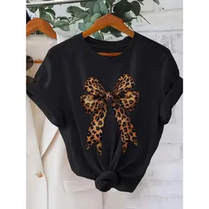 Leopard Print Bow Printed T-shirt Material Comfortable and Breathable Top Machine Washable trendy t-shirts