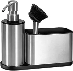 Kitchen Soap Dispenser Set - 3 in 1, Stainless Steel Dish Soap Dispenser with Sponge Holder, Dish Brush & Brush Holder, Kitchen Sink Caddy Organizer for Countertop - Rustproof, Non-Slip