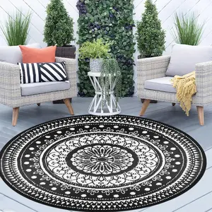 Round Outdoor Rugs  5Ft Reversible Outdoor Patio Rugs Lightweight Plastic Straw Rugs Portable RV Camping Mat Floor Carpet for Deck Porch Picnic, Black and White