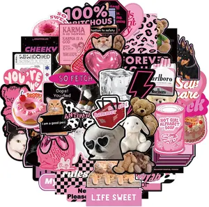 Cute Y2K Stickers (55 Pieces) - Black & Pink Themed, Waterproof Stickers for Kids, Girls, Teens, Animal Slogan Series Sticker, Furniture Decorative Sticker Pack for Wall Laptop Water Bottle Bikes Car Skateboards Luggage, Self-adhesive Naughty Sticker