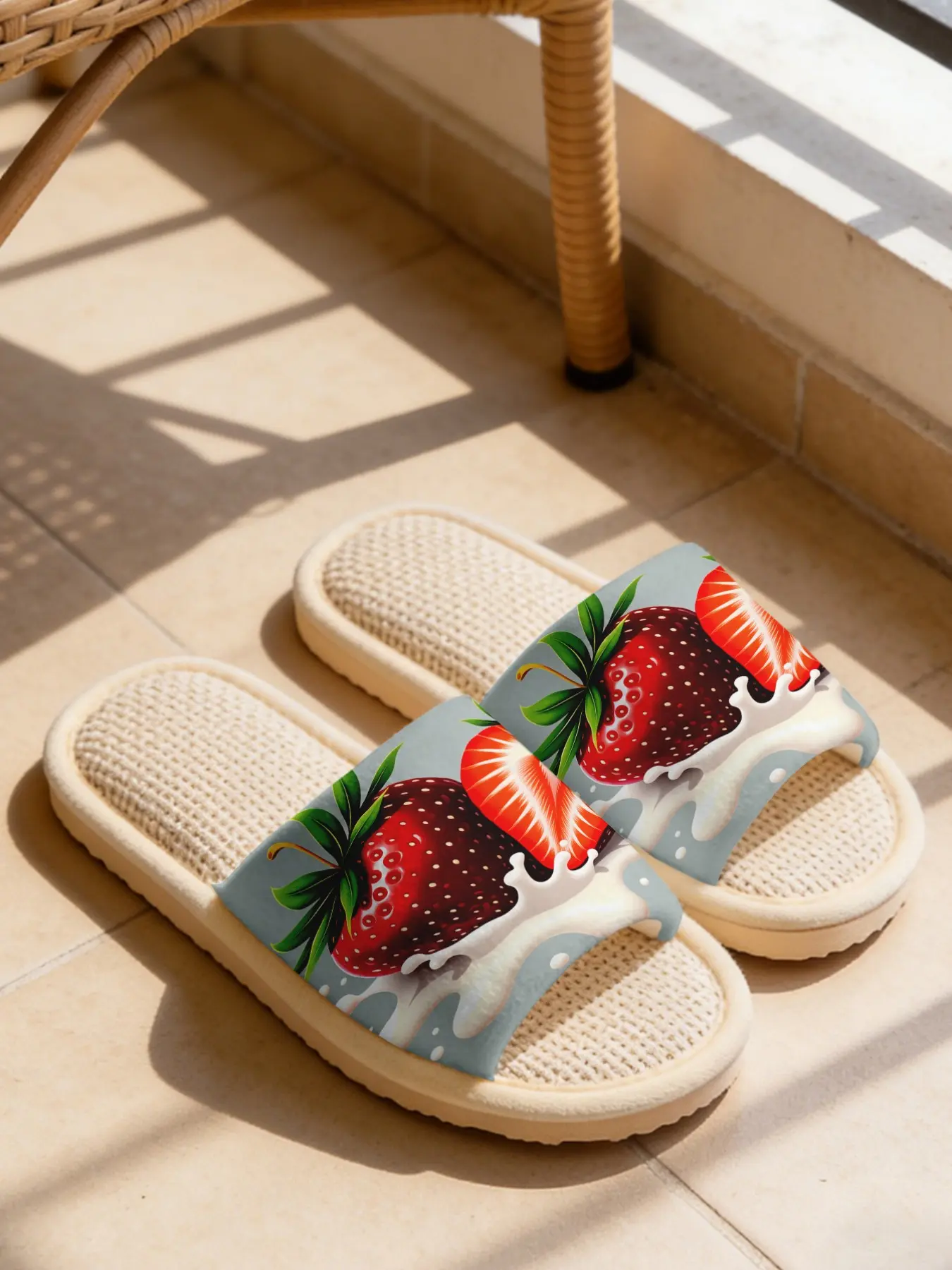 Women's Strawberry Print Slippers, Soft Eva Sole, Non-Slip Quiet Design, Casual All-Season Home Shoes, Comfortable Flower Pattern