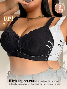 2PCSWomen's Plus Size Lace Wireless Bra , Full Coverage Push-Up Lift Cover Side Breasts, Front Zipper Closure , wide Adjustable Straps, Breathable Comfort Daily Wear