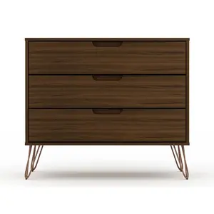 212 MAIN Rockefeller Mid-Century Modern 3-Drawer Dresser - MDF Frame Freestanding Storage Cabinet, Cutout Handles, Metal Legs, Anti-Tip Kit, Brown MDF, Indoor Bedroom Use (28.86x35.24x17.52 in)