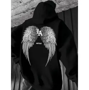 Men'S Casual Graphic Print Hoodie - Regular Fit Long Sleeve Pullover with Angel Wings & "ARTIST" Design, White, Fall/Winter Streetwear, Hoodie