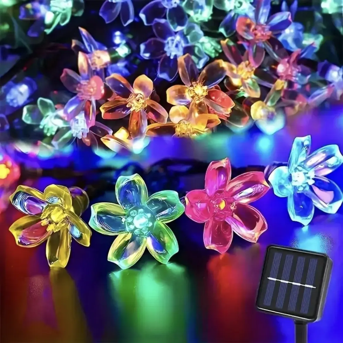 50 LED Solar Cherry Blossom Lights String - Multi-colored flower shaped string lights for Mother's Day, Independence Day families, yards, gardens, weddings, holiday parties and outdoor decorations - create a romantic atmosphere in the tent bedroom light