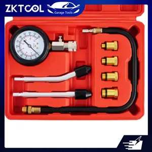 ZKTOOL 9-Piece Automotive Compression Tester Set - Quick Connect Kit with M10, M12, M14, M18 Adapters, Dual Scale Cylinder Pressure Gauge (Red), Rubber Guard, Brass Parts for Universal Automotive & Motorcycle Engine Compression Check, Car Tools, One-Touch