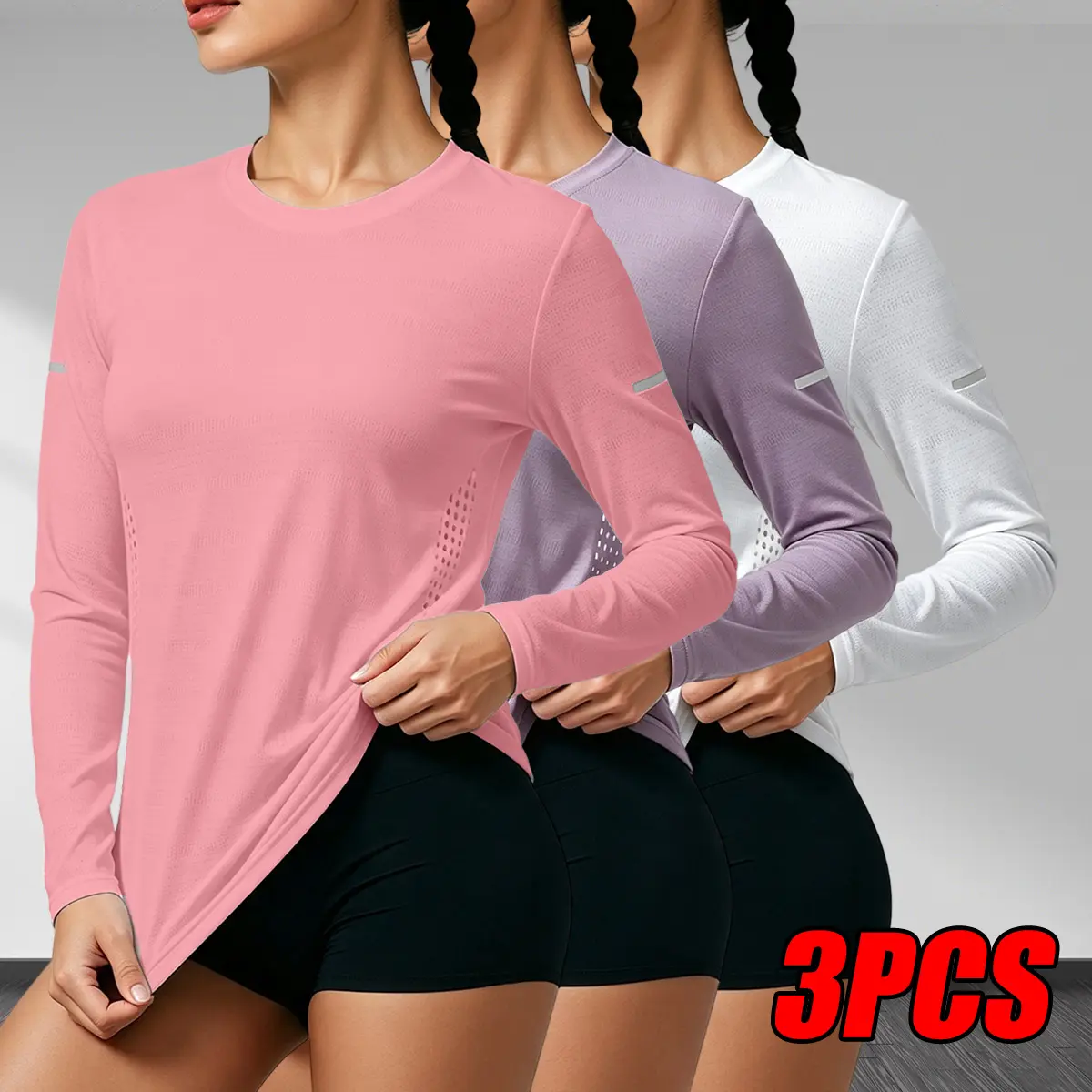 3-pack women’s quick-dry mesh breathable long-sleeve stretchy outdoor T-shirts, suitable for sports, running, and workouts; solid colors; all-season women’s tops