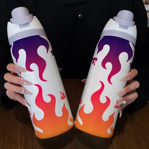 32oz Dual-Use Sports Water Bottle, Gradient Flame Pattern, 304 Stainless Steel Vacuum Insulated, Large Capacity Fruit Cup, Perfect Gift