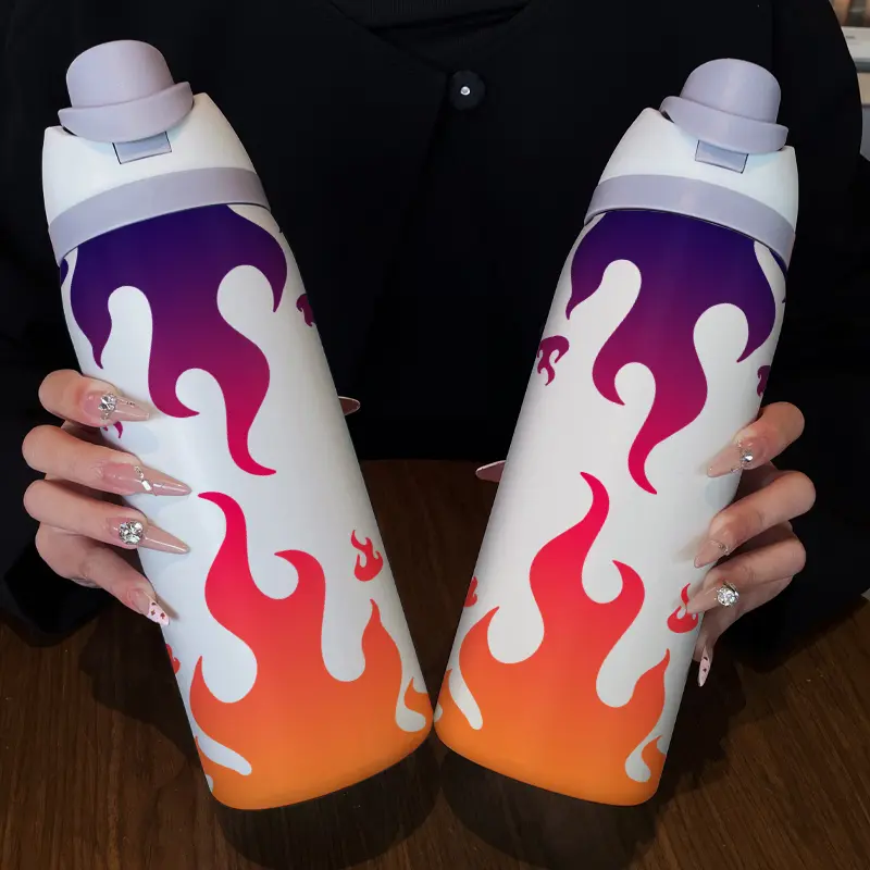32oz Dual-Use Sports Water Bottle, Gradient Flame Pattern, 304 Stainless Steel Vacuum Insulated, Large Capacity Fruit Cup, Perfect Gift