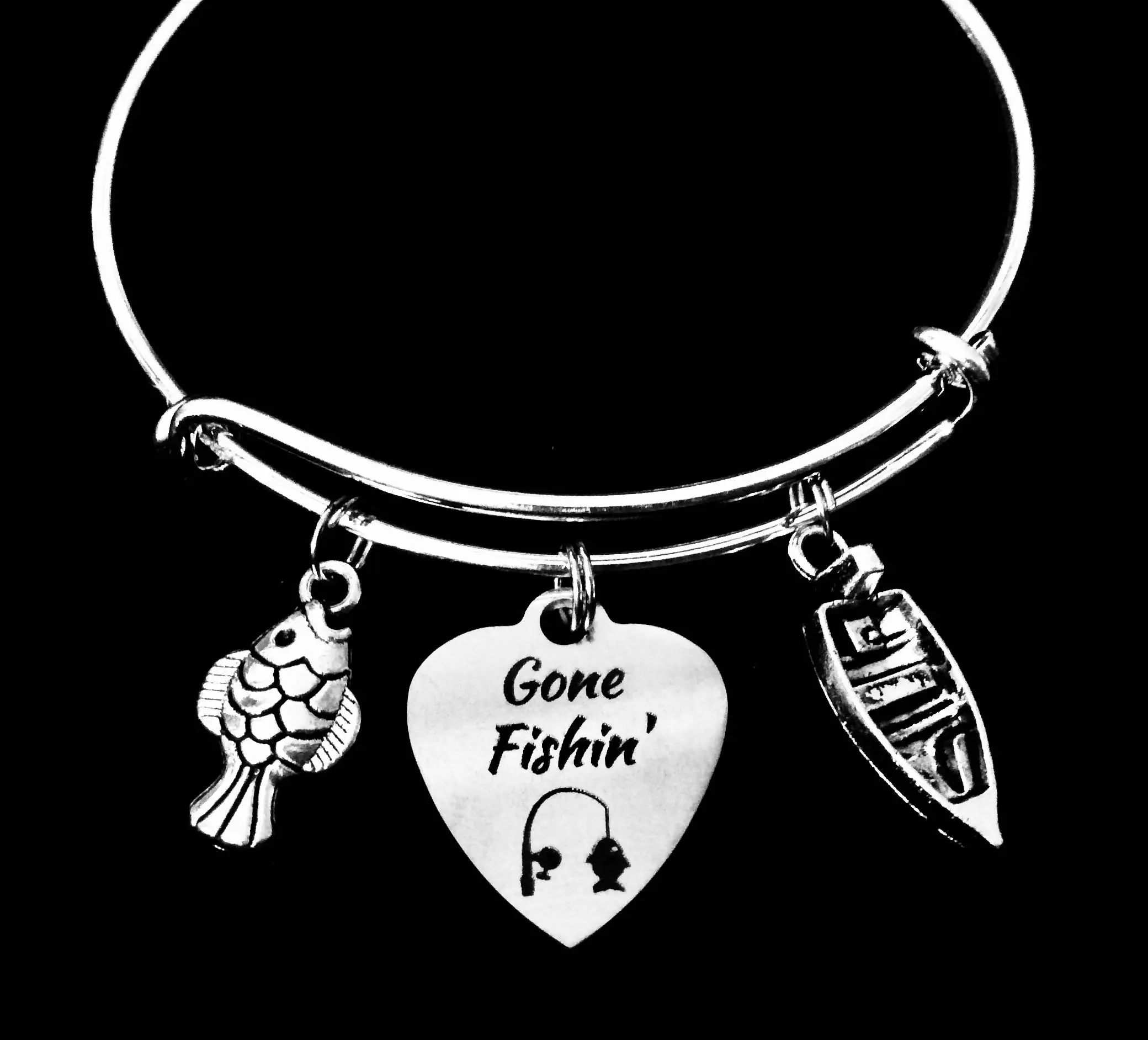 Gone Fishin Expandable Silver Charm Bracelet Fishing Boat Fish Adjustable Wire Bangle Lake Jewelry One Size Fits All Gift