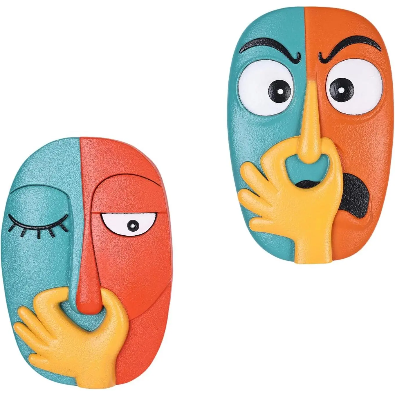2-Piece Artistic Resin Mask Wall Sculpture Set, Unique Funny Abstract Hanging Faces, Home Decor for Modern Living Room, Office