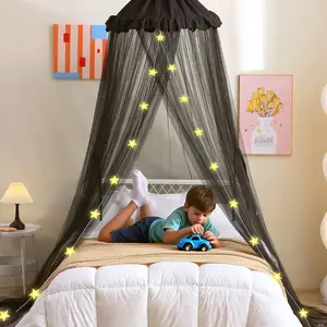Boys Bed Canopy with Stars Lights, Kids Canopy Bed Curtains for Twin, Full, Queen Size Bed Hanging Canopy for Bedroom Decor, Kids Adult Sheer Canopy Curtain (Black)