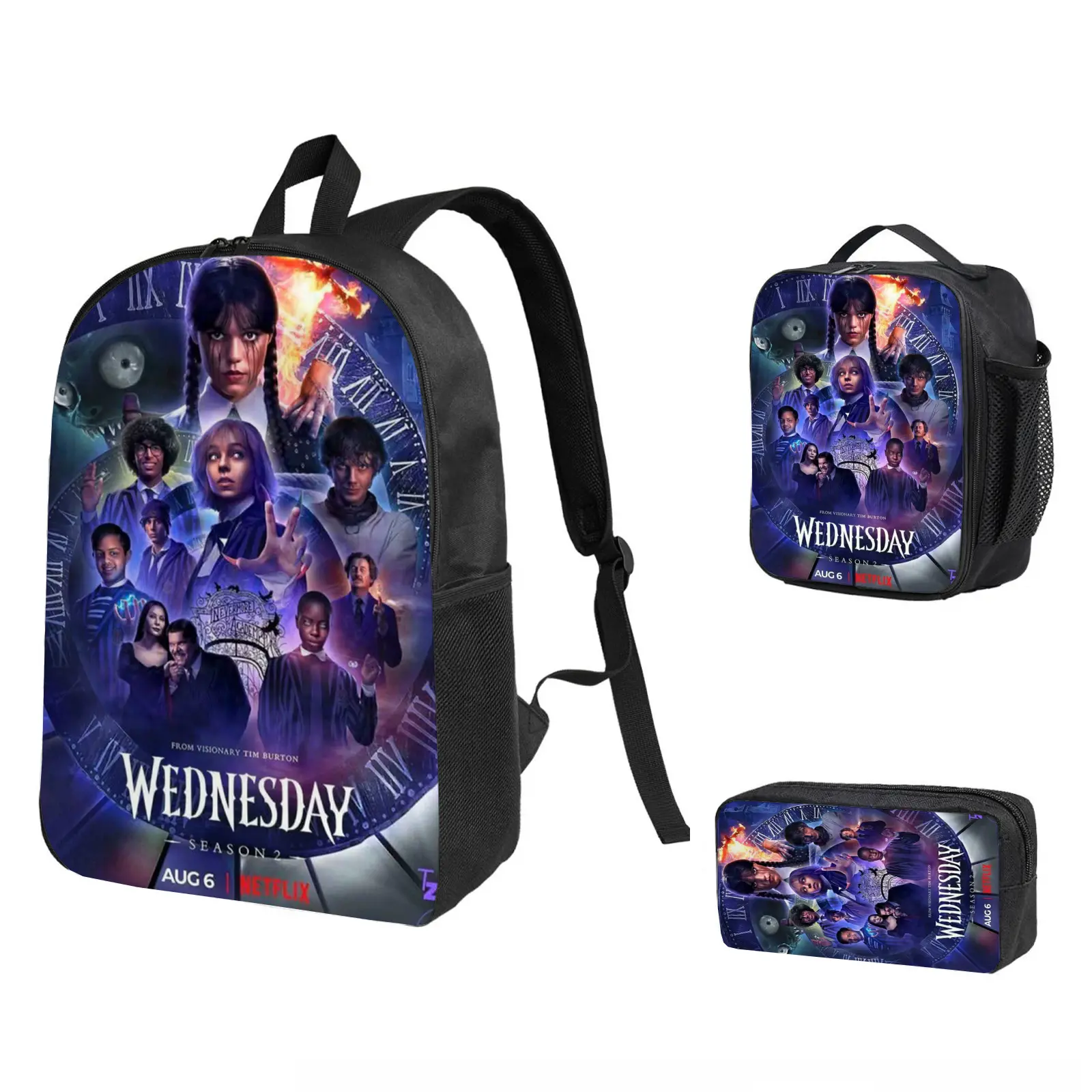 Wednesday Cartoon 3-Piece Water-Resistant Backpack Combo - Elementary School Bookbag with Insulated Lunch Bag, Pencil Case for Kids, Holiday Camping Laptop Travel Daypack Back to School Gift (b-259), Graphic, High-Definition Prints, Back To School Haul
