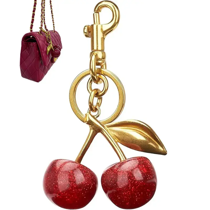 Cute Glittery Small Resin Cherry Keychain Charm - Stress-Relief Toy, Keychain Decor, Women's Bag Accessory, Stress-Relief Gift That Includes Purse