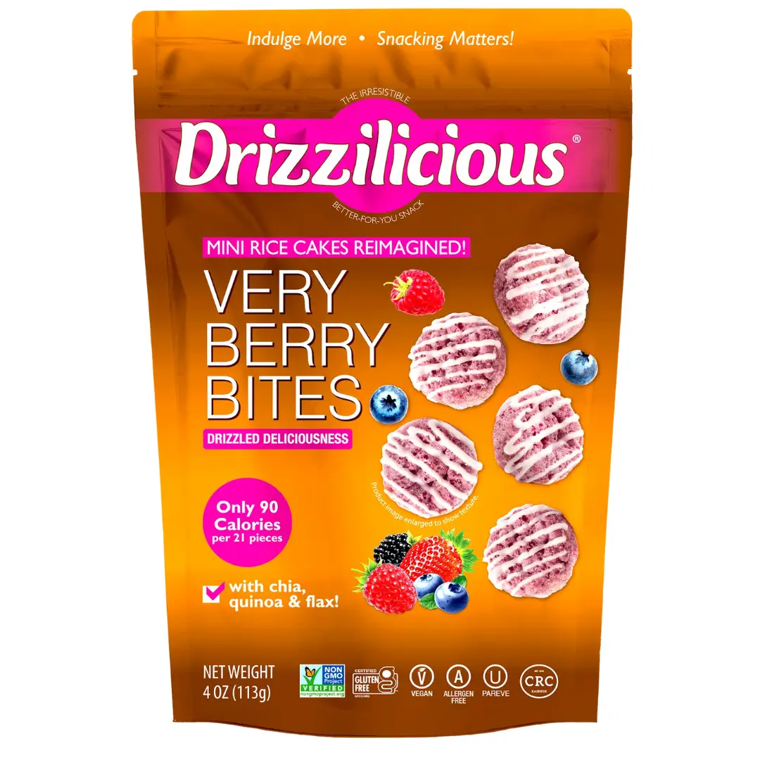 NEW! Drizzilicious Very Berry Sweet Mini Rice Cakes - Gluten-Free, Vegan, Crunchy & Healthy Snack, 90 Calories per Serving, 4 oz