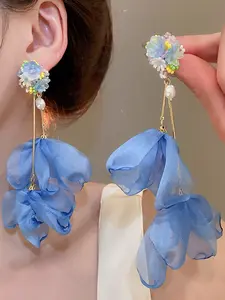 Elegant Women's Earrings, 925 Silver Needle Glass Beads Resin Flowers Pearls Chiffon Tassels Design, Perfect Jewelry Gift