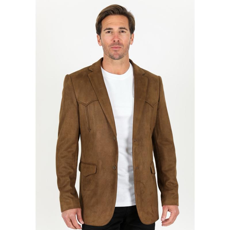 Platini Men's Double Button Faux Suede Blazer- Brown