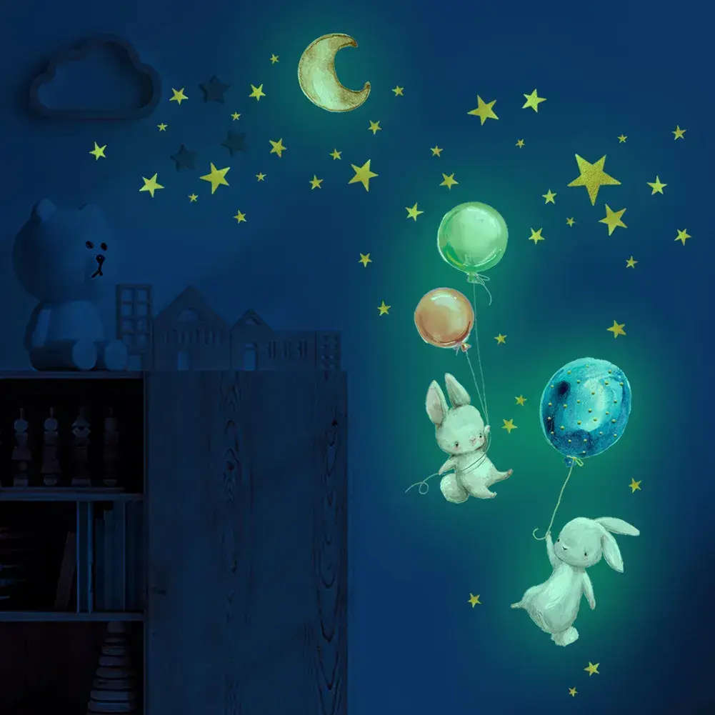 Cartoon Bunny Balloon Wall Sticker Bedroom Living Room Home Decoration Wallpaper Glowing in The Dark Cute Rabbit Sticker