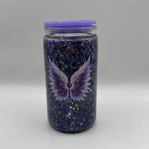 16 ounce Angel Wing Snow Globe with Lead and Straw - Purple Glitter Design