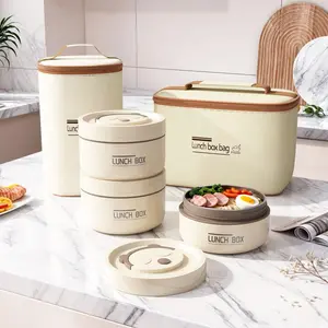 Round Stainless Steel Food Container 4 Piece Set Leakproof Airtight Insulated Lunch Box Stackable Microwave Oven Safe Durable Bento Box With Thermal Bag For Office Worker Student Outdoor Travel Camping Picnic