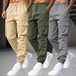 3-pack men’s cargo pants with multiple flap pockets; drawstring elastic waist, twill fabric for abrasion resistance, tapered cuffs; breathable streetwear outdoor casual cargo long pants; casual cargo pants.