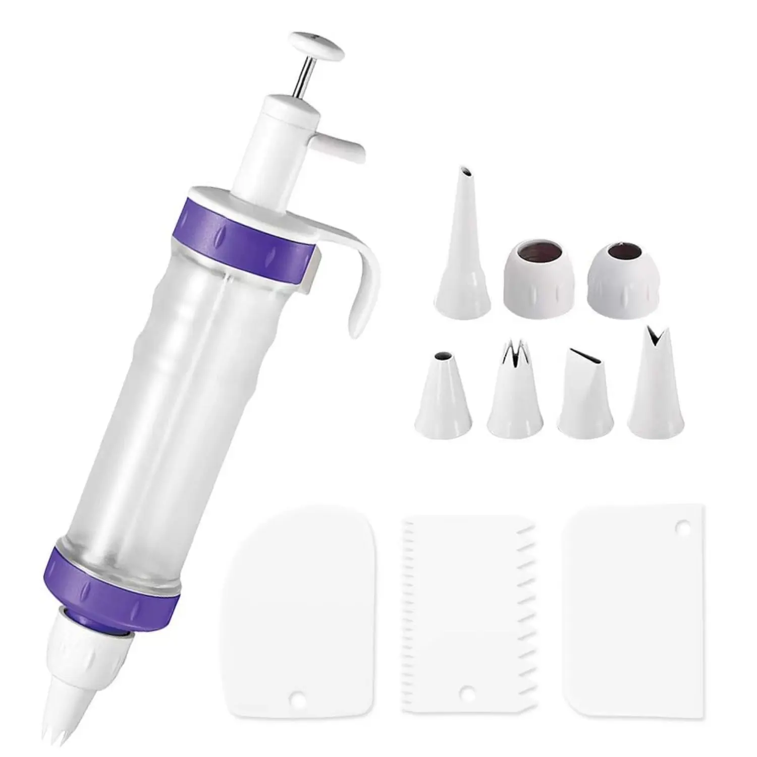 11Pcs Home Improvement Bakeware Tool Set - Dessert Decorating Syringe Gun, Cupcake Frosting Filling Dispenser Utensils with 7 Plastic Multiple Shapes Nozzles, 3 Cream Scrapers for Birthday Use