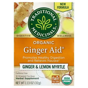 Traditional Medicinals Organic Ginger Aid®, Ginger & Lemon Myrtle, Caffeine Free, 16 Wrapped Tea Bags, 1.13 oz (32 g)