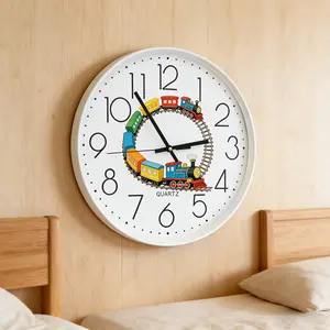 Cartoon Train Silent Wall Clock for Kids Room Living Room Home Simple Quartz Clock Bedroom Unobtrusive Sweep Second Hanging Watch Includes Battery