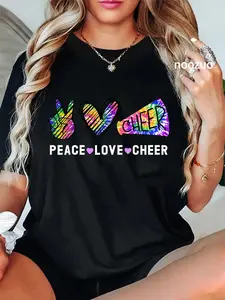 100% Cotton Unisex Peace Love Cheer Tie Dye Cheerleading for Cheerleader Cute T-Shirt Casual Top