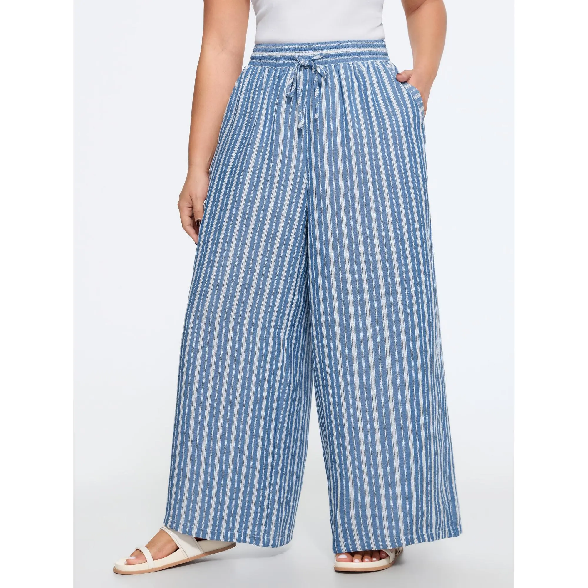 BloomChic Plus Size Color Contrast Stripe Drawstring Wide Leg Pants[M-6X] 2026 Summerfinds, Smooth, Baggy, Garment