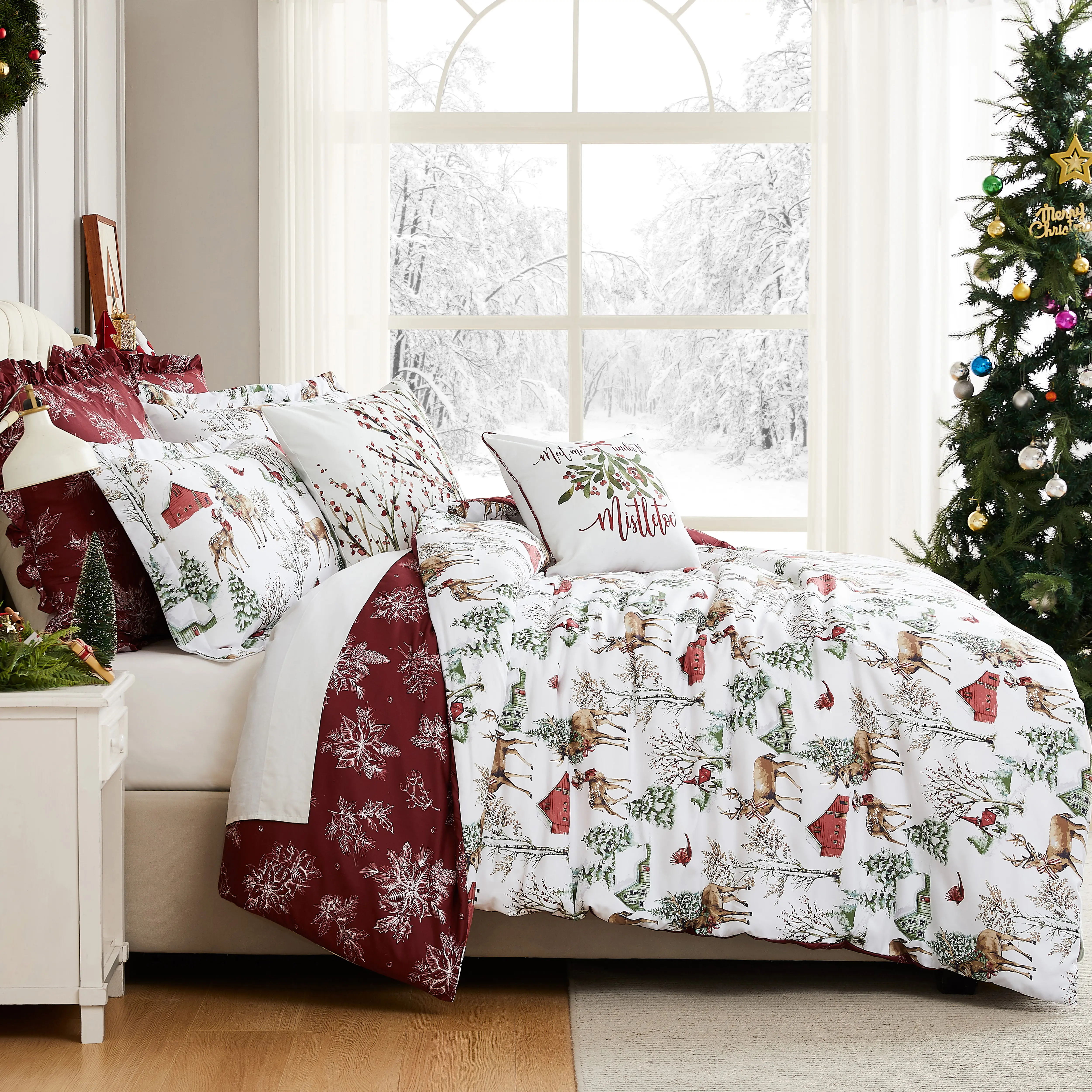 7-Piece White Bed Comforter Sets, Christmas-Themed Bedding Collection
