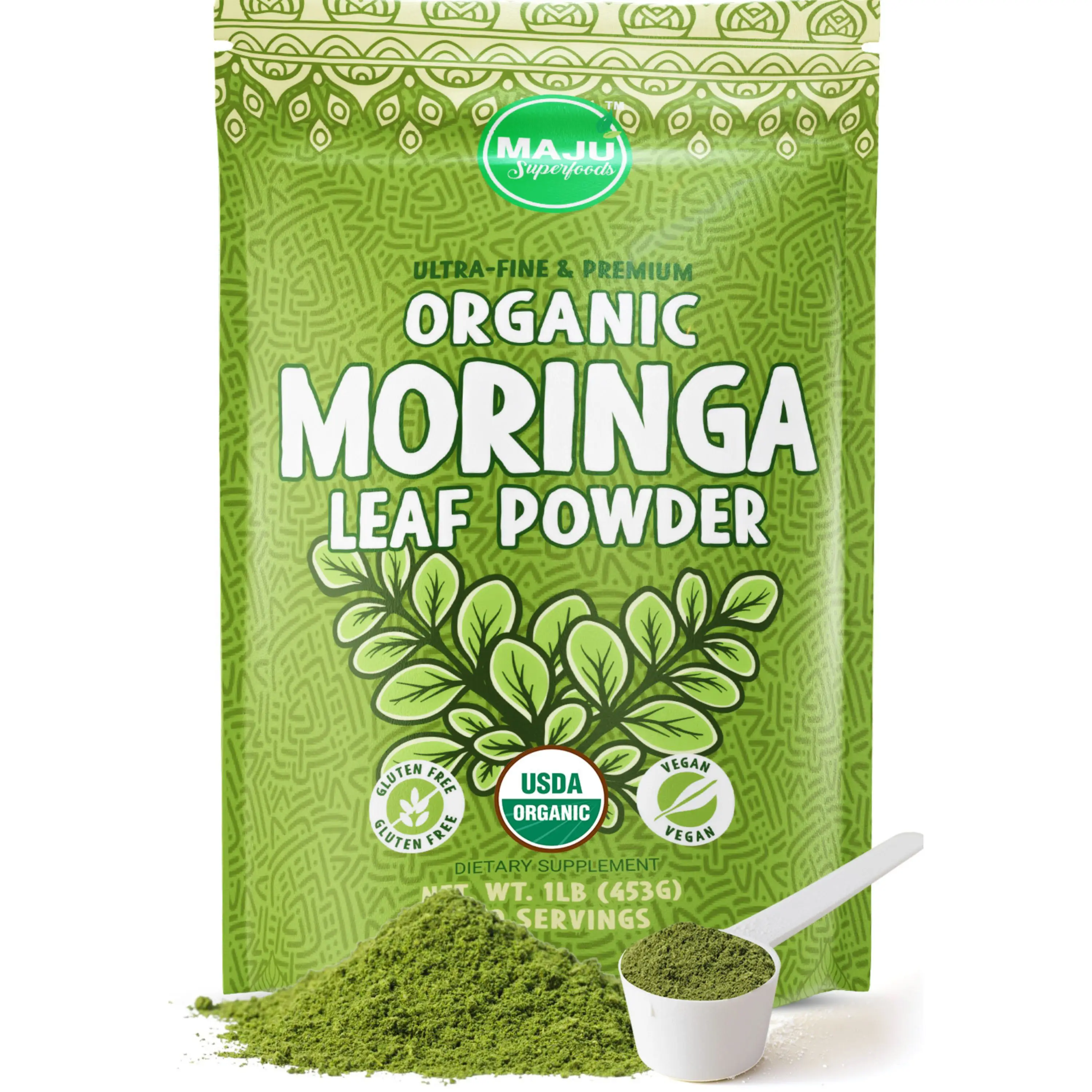 MAJU Leaf Organic Moringa Powder (1lb), Non-GMO and Raw, Shade Dried for Highest...
