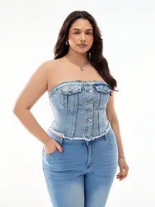 Women's Plus Size Denim Corset Top Fit, Single Button Frayed Hem, Casual Boho Bohemian Sleeveless Vest, Summer Fashion, Comfortable and Stylish Womenswear