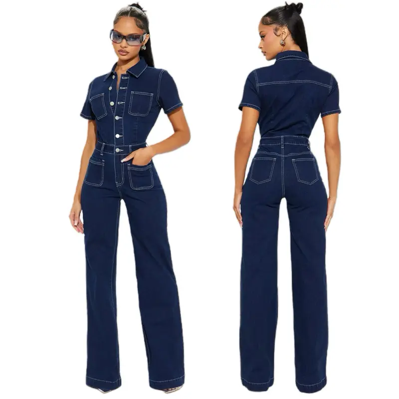 Cherri Blossom Denim Jumpsuit Women's Summer Overall Party Wear Navy Blue Button-Up Style Comfortable Fit