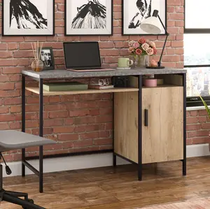 Sauder Market Commons Desk - Modern Industrial Style with Textured Gray Surface & Warm Wood Finish - Adjustable Shelf & Closed Cabinet for Storage - Ideal for Home Offices & Study Areas