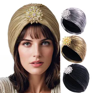 1PCS Noble Golden Pleated Indian Hat Headscarf Cap With Brooch For Women