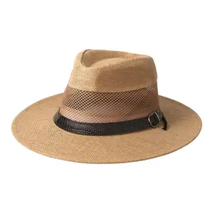 Men’s Straw Fedora Sun Hat with Mesh Panels, Wide Brim Panama-Style Beach Hat, Croc-Embossed Band with Buckle, Breathable Summer Vacation Hat for Outdoor, Fishing, Travel (One Size)