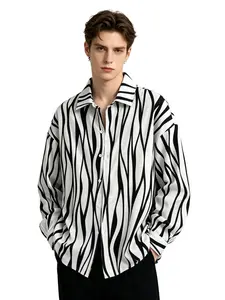 Men's Zebra Print Oversized Long Sleeve Shirt, Button Neck, Streetwear Vintage Casual Top, Loose-Fitting Spring & Fall Fashion
