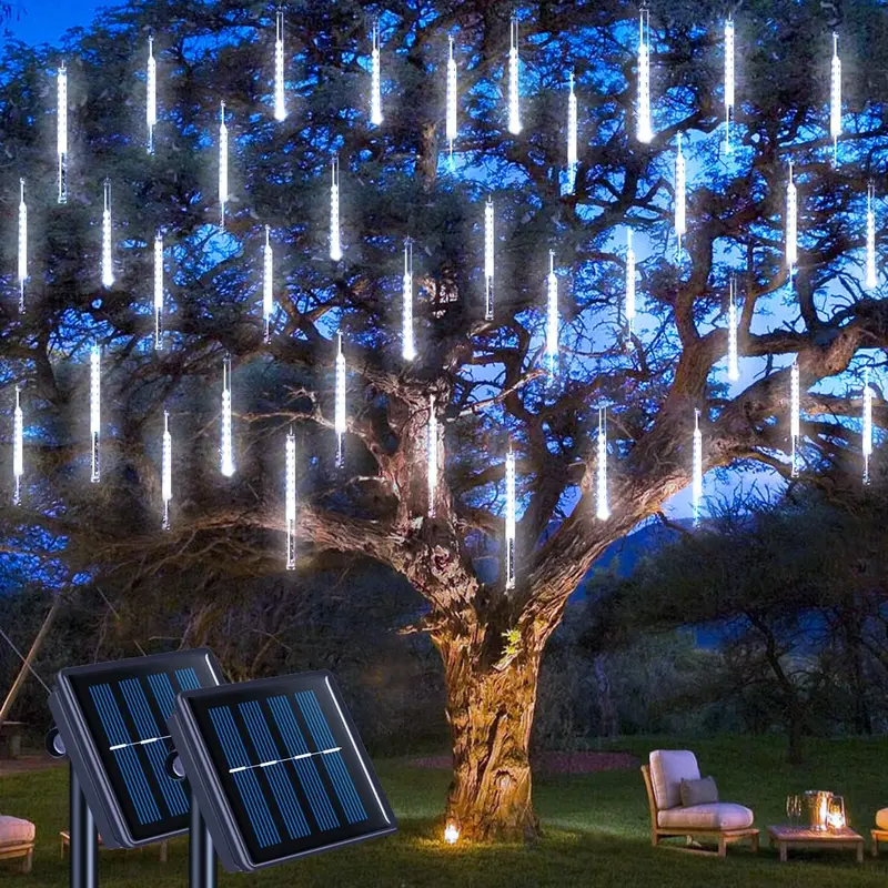 JMEXSUSS 2-Pack Solar Powered Christmas Meteor Shower Lights - 16 Tubes, 288-LED White, IP65 Water Resistant, Star Effects, 2-Pack Coverage, Indoor/Outdoor Mood Lighting for Christmas Tree, Patio, Fences, Home Decorations