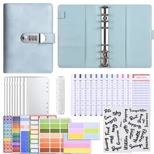 Password Lock Binder Notebook Planner with Budget Card, Zipper Pouch, Word Stickers, Multifunctional Stickers, Ruler, Colorful Labels for Effective Cash Management