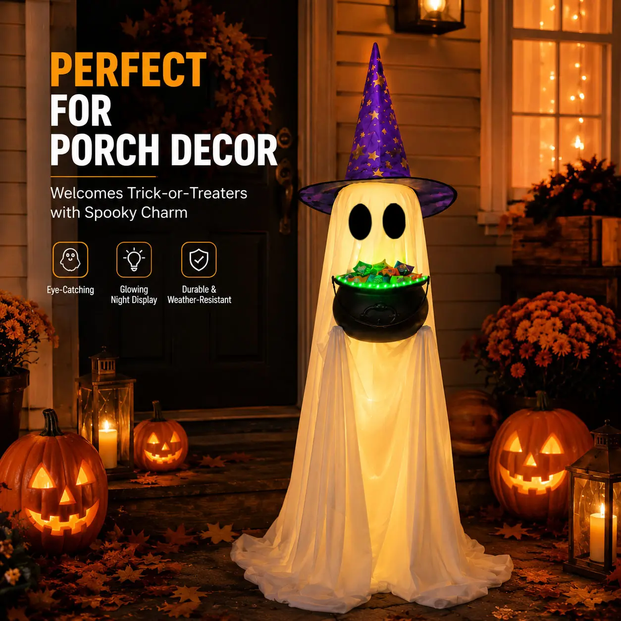 53-Inch Light Up Halloween Ghost Candy Bowl, 8 Lighting Modes, Glowing Holder, 2 Interchangeable Witch Hats, Large Holiday Decoration for Porch, Yd, Indoor & Outdoor Use