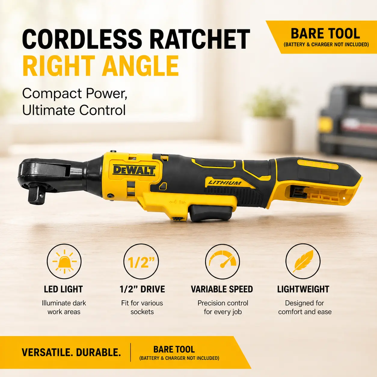 DEWALT DCF512 Cordless Right Angle Ratchet Wrench - Brushless Motor, Variable Speed, LED Light (Tools & Hardware Hand Tools Multitools & Accessories), None, Right Angle Jobs