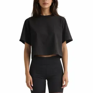 Women's Oversized Cropped Drop Shoulder T-Shirt - Black, Casual Style, Short Sleeve, Womenswear Top