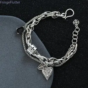 925 Sterling Silver Bracelets for Women Men String Accessories Trend Vintage Heart Cross Shape Pendant Party Jewelry Gift