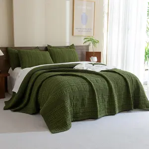 Cotton   Bedspread Quilt(120"x120"),Olive Green Waffle Quilt Coverlet Set 3 count   Quilt Bedding Set,Farmhouse Coverlet Quilt Set Shabby  Chic Bedding