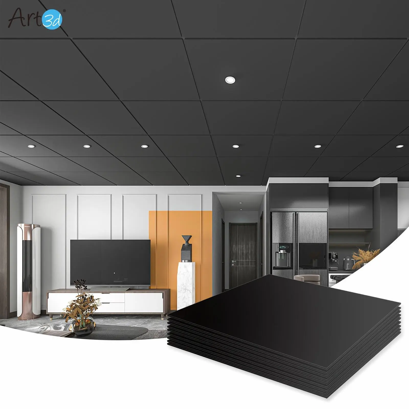 Art3d 12-Pack Smooth Flat Plate Ceiling Tile, 24"x24" Black Plastic Sheet, 48 Sq Ft/Case