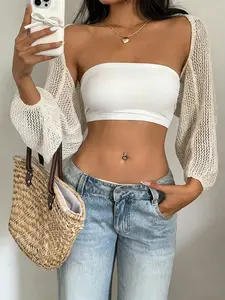 New Women's Fashion One-Piece Sweater Spring Summer Short Pure Color Hollow Out Cardigan Casual Knit Open Front Long Sleeve Thin Outerwear Knitwear Tops Womenswear