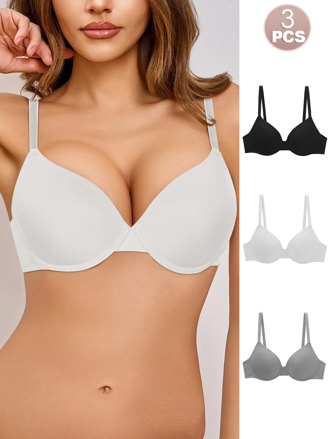 Women's 3-Pack Solid Nylon Bras, Deep V Push-Up Lingerie for a Lady, Underwire Full Coverage with Adjustable Fit for All-Season Elegance, Everyday, Minimalist, Adult, Feminine Aesthetic, Nylon Fabric, Hand Wash, Full Support, Double Button, Plain Colors