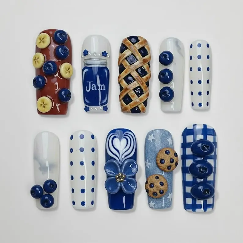 Blueberry Jam Press On Nails 3D Fruit Pie Cookie Picnic Dessert Set