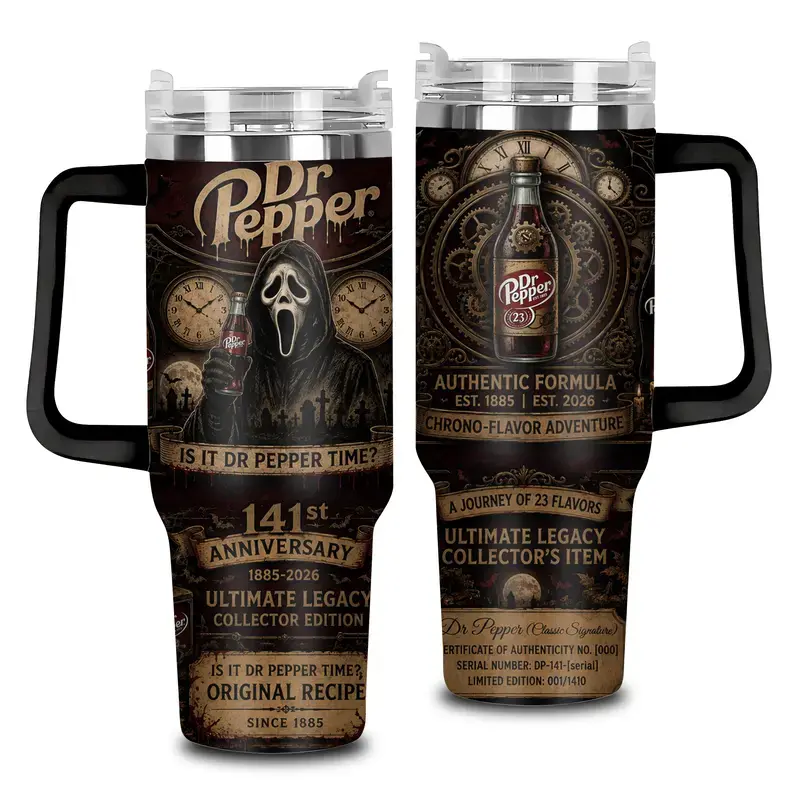 Ghostface 40oz Tumbler with Handle, Vintage Dr'Pepper Horror Travel Mug, Halloween Stainless Steel Cup, Spooky Ghost Collector Drinkware, Gothic Soft Drink Fan Gift